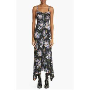 PACO RABANNE Midi Dress FR 44 US 12 Black Floral Print Asymmetric Button-Up NWT